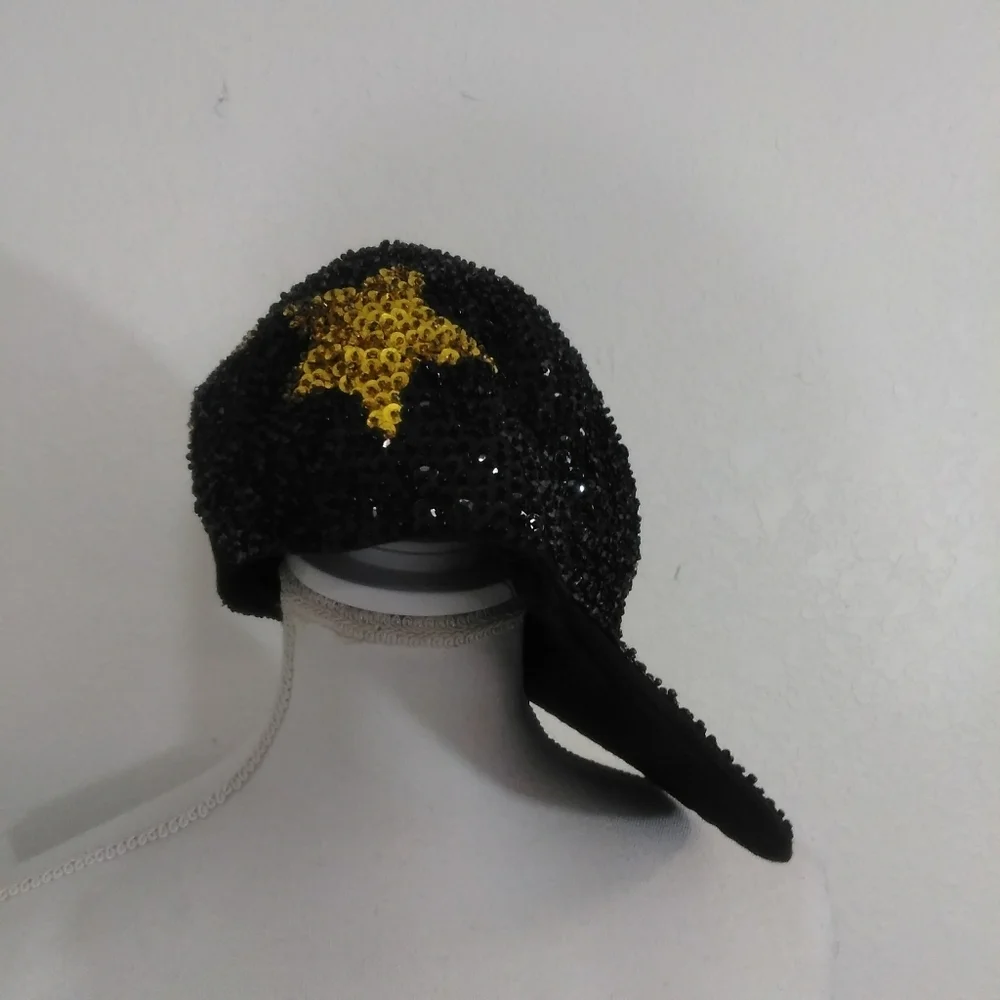 Retro 90s Beaded All Sequin Embellished Black Gold Star Cloth Hat By Magic Craft